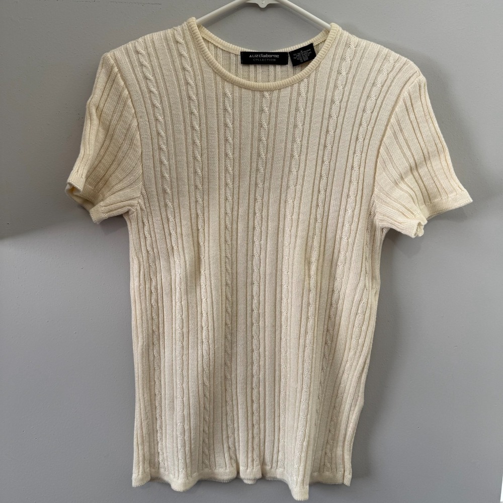 Liz Claiborne Sweater Womens Medium‎ Cream Rib Cable-Knit Short Sleeve Classic